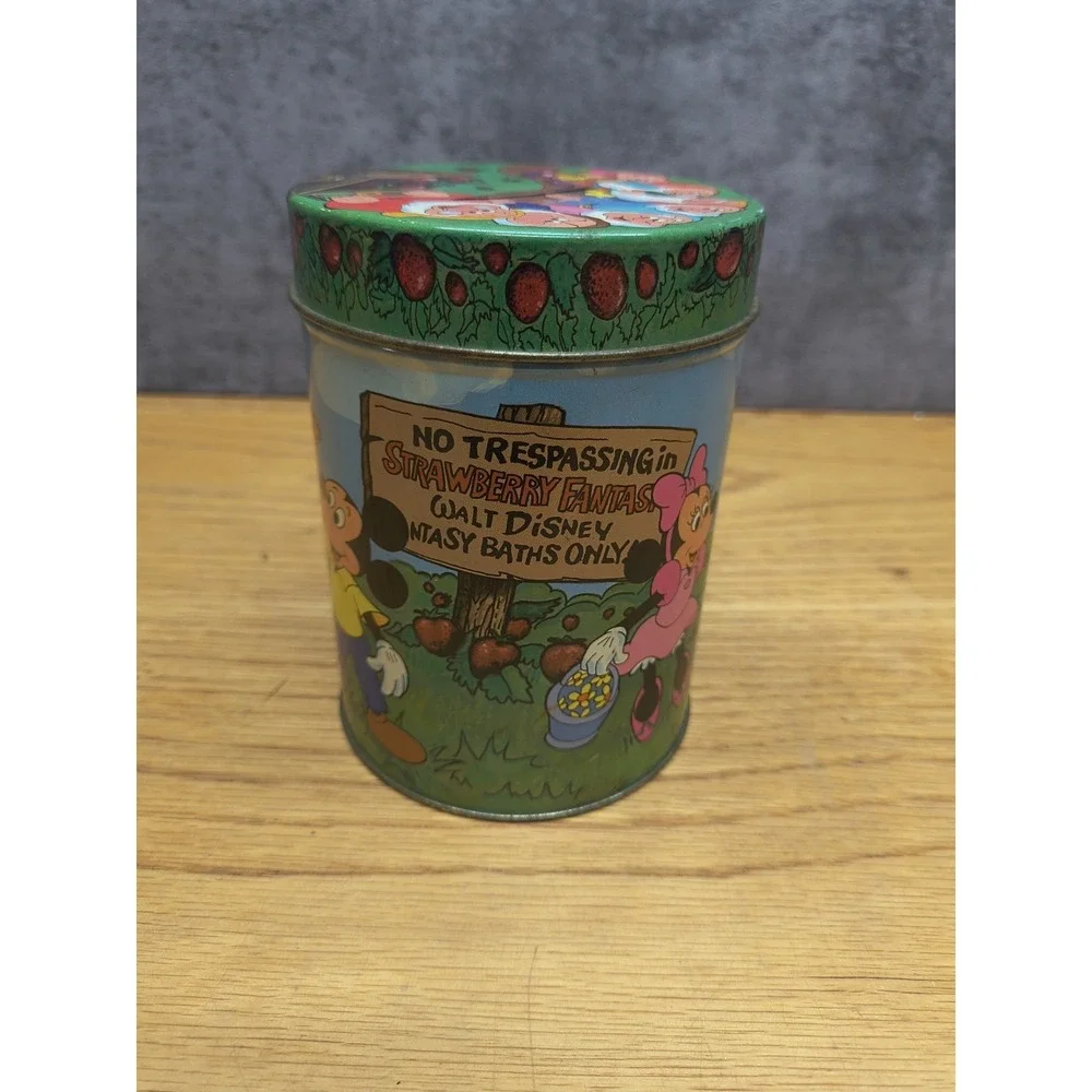 Vintage Disney Strawberry Bank Tin FantasyLand Strawberry Donald Mickey Dwarves